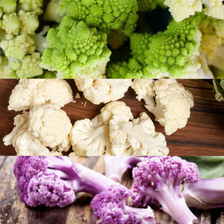 Cime di cavolfiore viola, cavolfiore bianco, cavolo romanesco - Pulmino Contadino